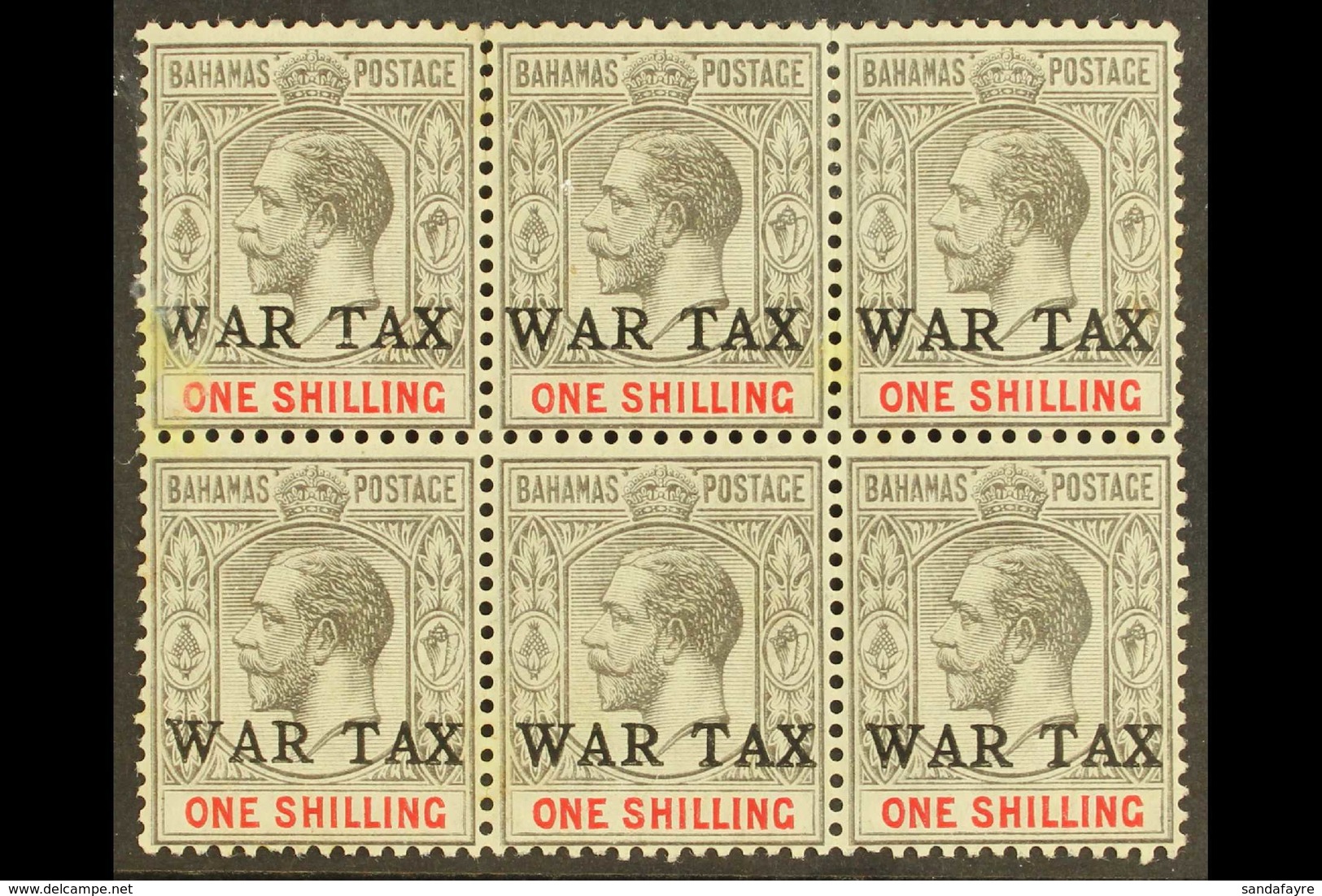 1918 (Feb-Jul) 1s Grey-black & Carmine "WAR TAX" Overprint, SG 95, Mint BLOCK Of 6, Two Small Light Toned Spots, Very Sc - Autres & Non Classés