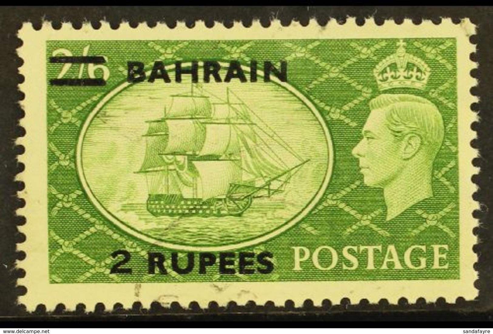 1950 2r On 2s 6d Yellow Green, Surcharge Type III, SG 77b, Very Fine Used. Elusive Stamp. For More Images, Please Visit  - Bahreïn (...-1965)