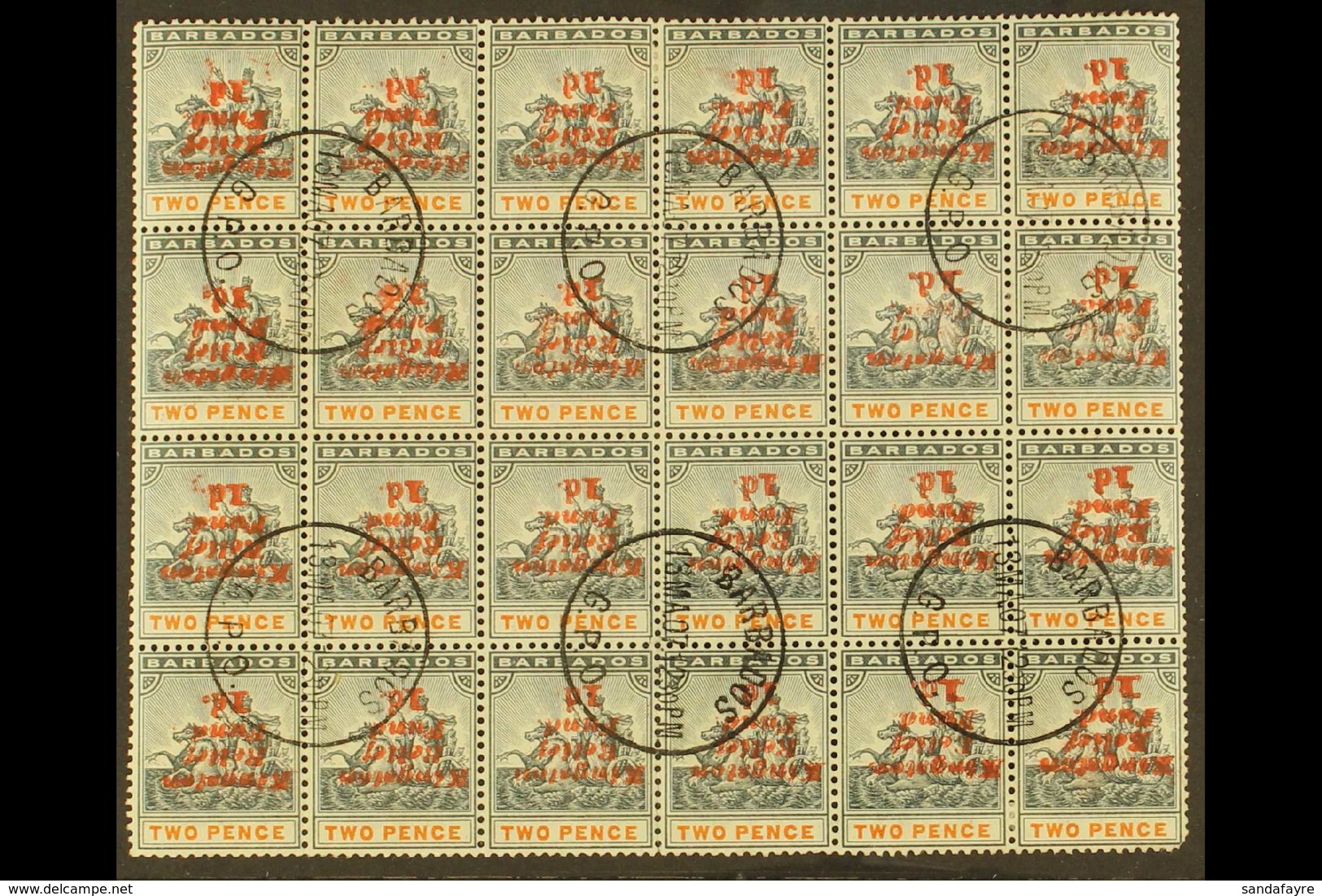 1907 KINGSTON RELIEF FUND 1d On 2d Surcharge Inverted, SG 153a, Third Setting, A Fine Used BLOCK OF TWENTY FOUR (6 X 4)  - Barbades (...-1966)