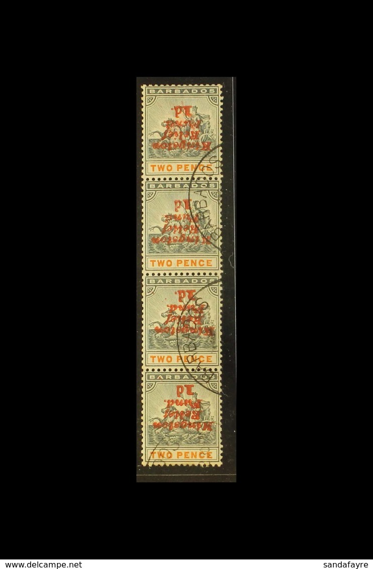 1907 KINGSTON RELIEF FUND 1d On 2d Inverted Surcharge (SG 153a) - A Very Fine Used VERTICAL STRIP OF FOUR Incorporating  - Barbados (...-1966)