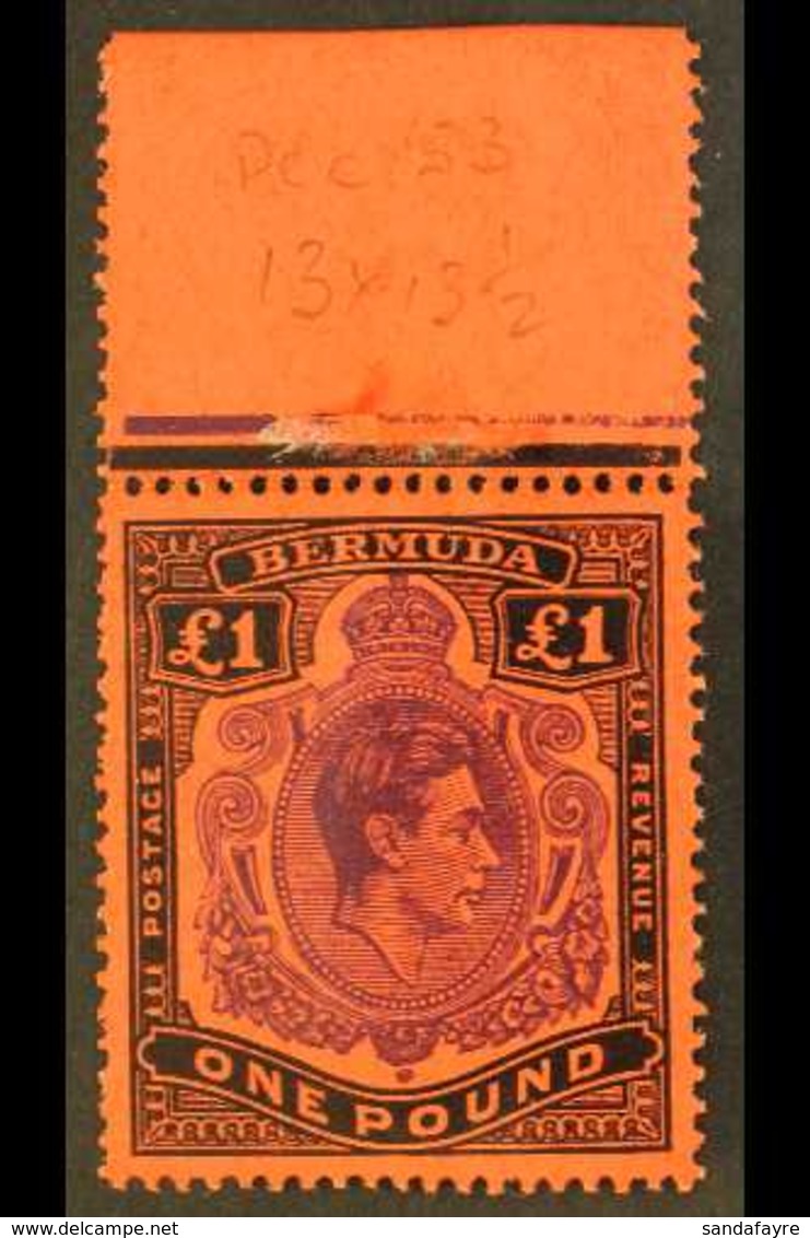 1952 £1 Bright Violet Abd Black On Scarlet, SG 121e, Superb Never Hinged Mint Upper Marginal Example. For More Images, P - Bermuda