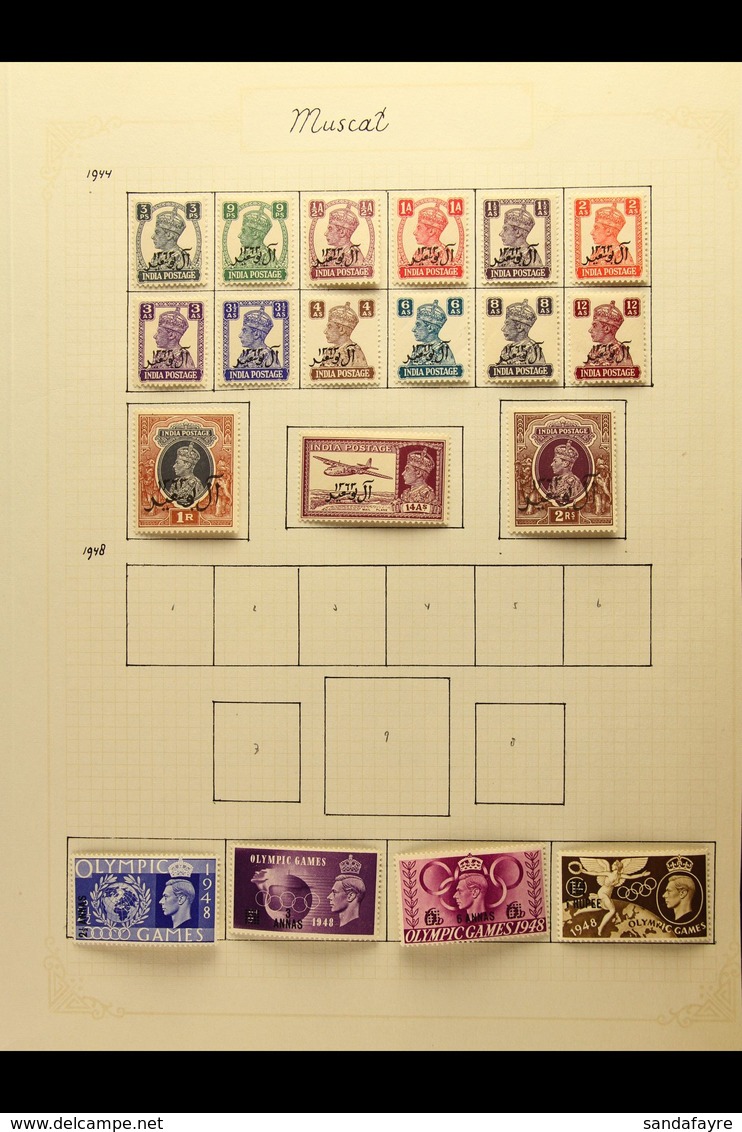 1944-1960 FINE MINT COLLECTION On Pages, ALL DIFFERENT, Inc Muscat 1944 Opts Both Sets, Br PA In Eastern Arabia 1948 Wed - Bahreïn (...-1965)