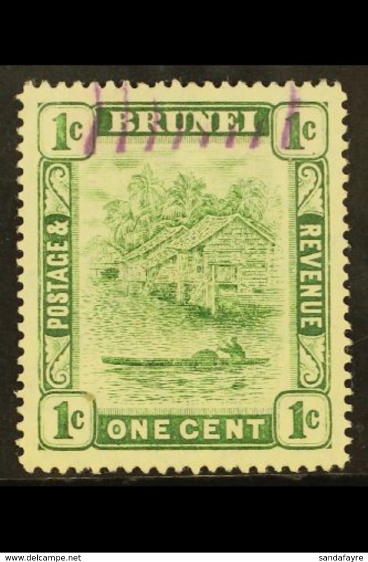 1908-22 1c Green SG34, With Unlisted WATERMARK REVERSED, Fine Used With Part Violet Barred Cancel. For More Images, Plea - Brunei (...-1984)