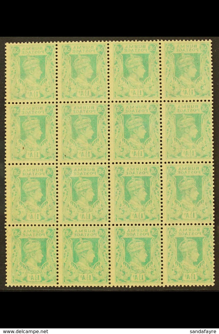 1938-40 KGVI MULTIPLE OFFSET 1½a Turquoise-green, SG 23, Never Hinged Mint Multiple Of 16 With Full Offset On Each Stamp - Birmanie (...-1947)