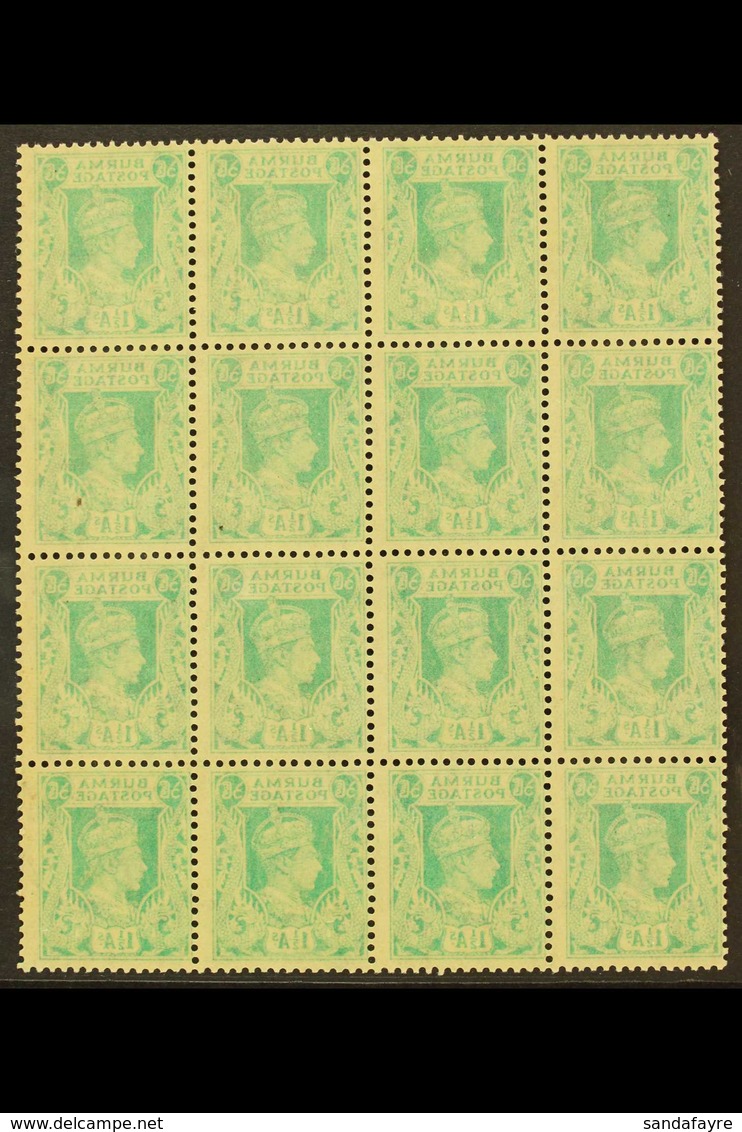 1938-40 KGVI MULTIPLE OFFSET 1½a Turquoise-green, SG 23, Never Hinged Mint Multiple Of 16 With Full Offset On Each Stamp - Burma (...-1947)