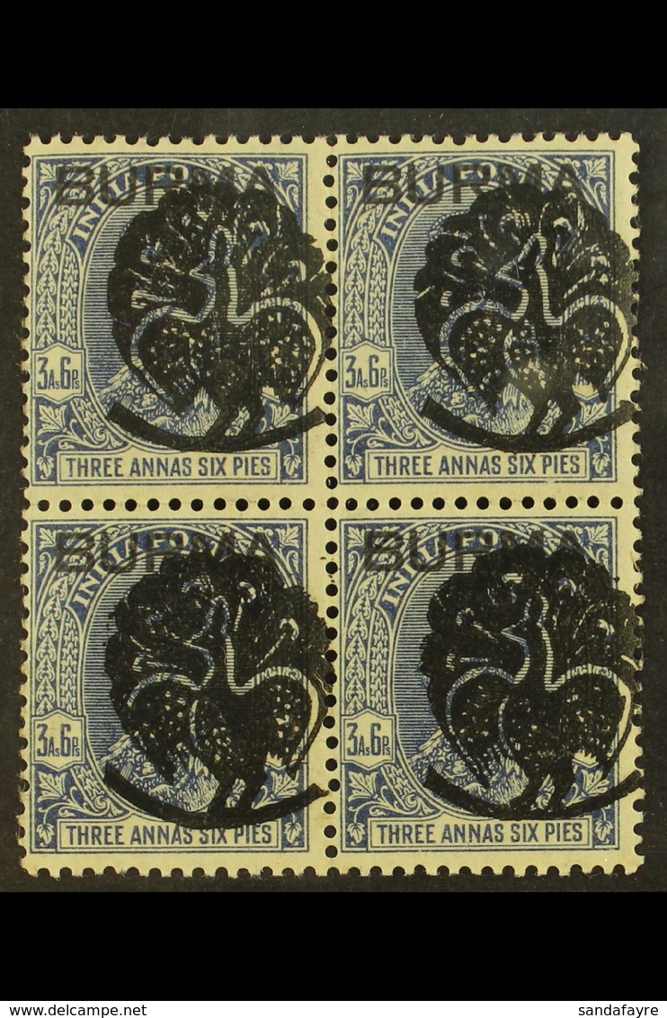 JAPANESE OCCUPATION 1942 3½a Deep Blue With Myaungmya Peacock Type 1 Overprint, SG J2, Fine Mint BLOCK Of 4 Showing All  - Birmanie (...-1947)