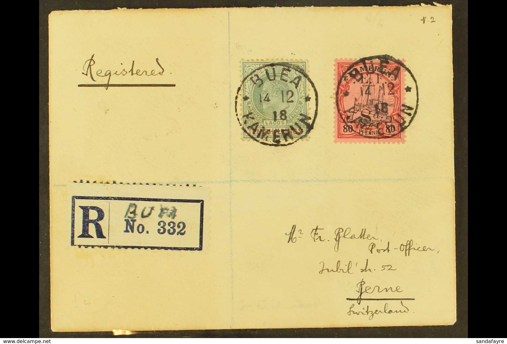 1918 Registered Cover To Switzerland, Franked "C.E.F." Ovptd 8d On 80pf (SG B9) Plus Lagos 1906 KEVII 10s On Chalky Pape - Other & Unclassified