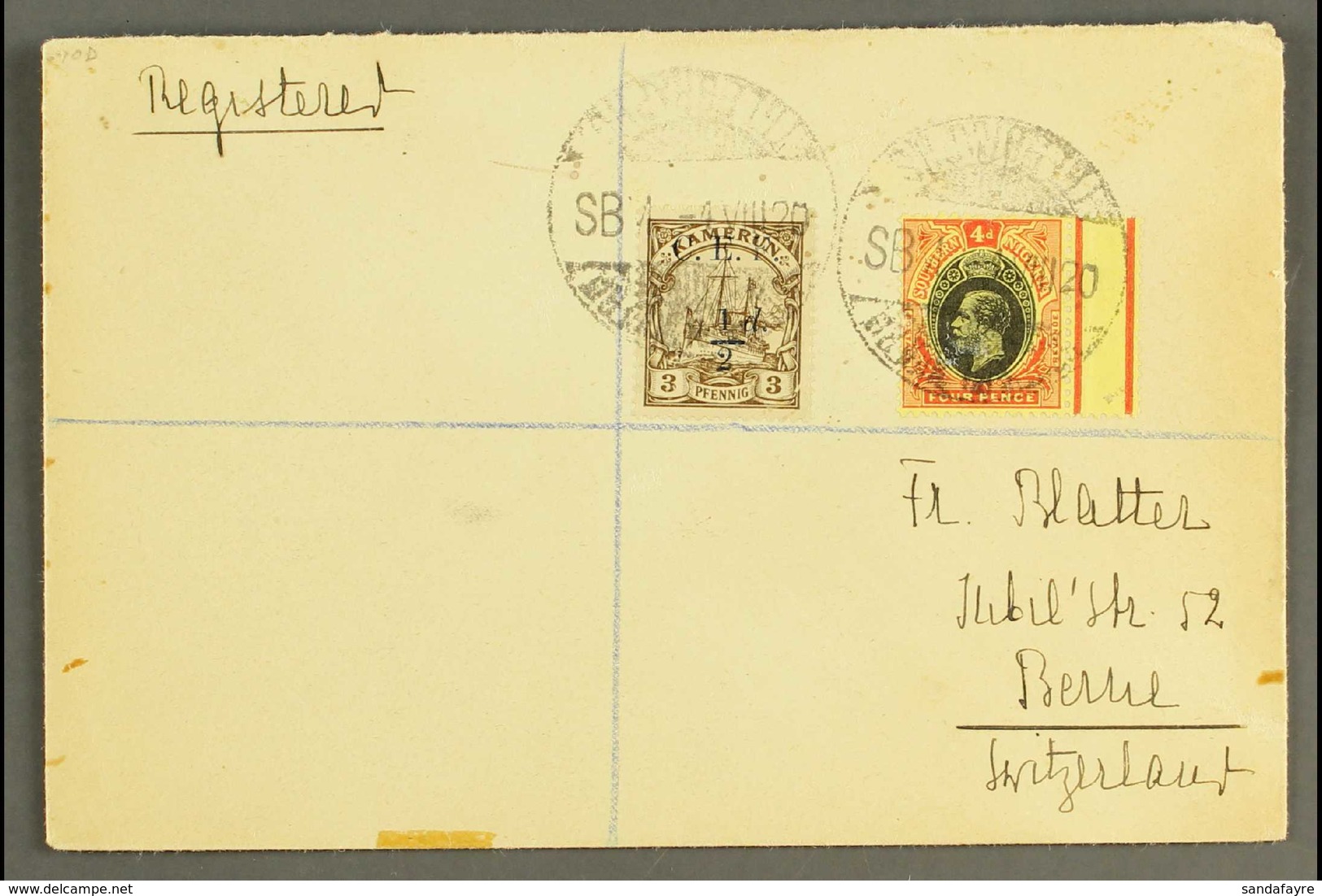 1920 (4 Aug) Registered Env. To Switzerland, Franked 1915 "C.E.F." Ovpt (Cameroon Expedition Force) ½d On 3pf Brown And  - Other & Unclassified