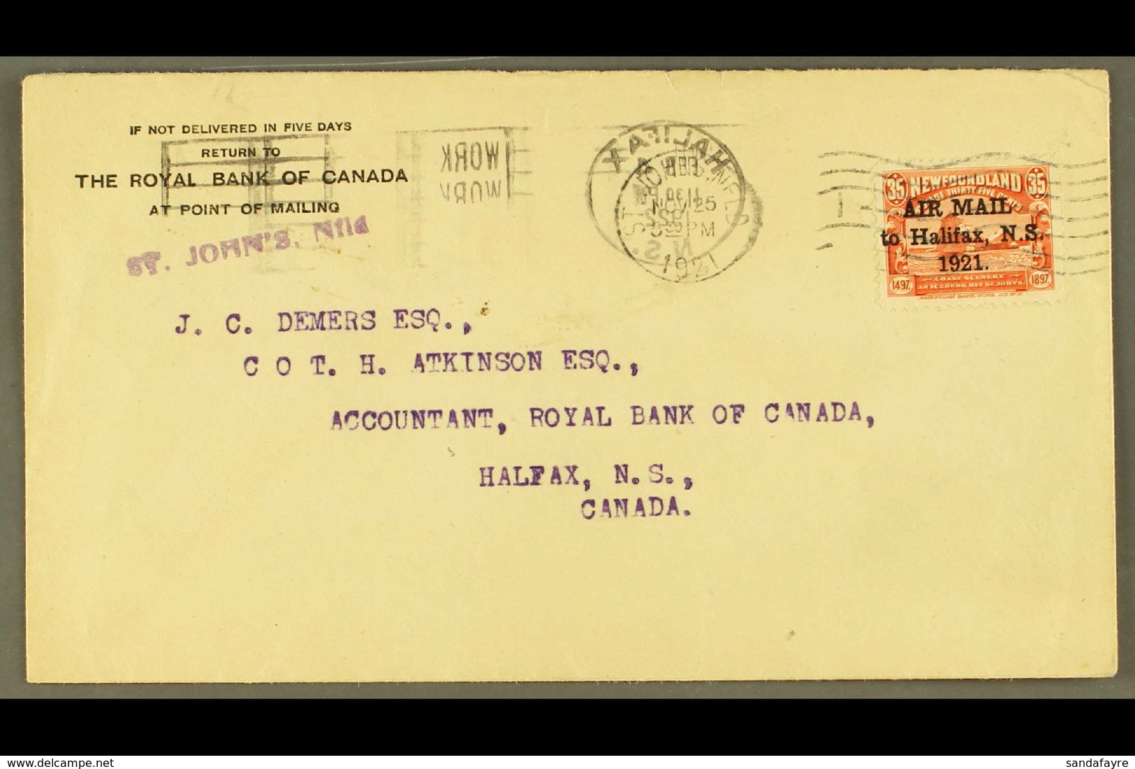 1921 Commercial Cover From St John's To Halifax Franked 35c Red Air Mail, SG 148f Tied By St John's Duplex Cancel. For M - Sonstige & Ohne Zuordnung
