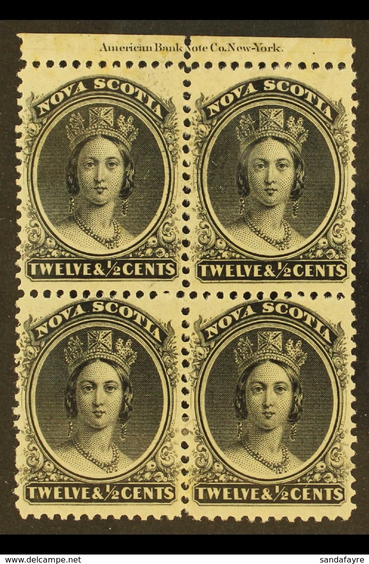 1860 12½c Black On Yellowish Paper, SG 13,  Inscription Block Of 4 Very Fine Mint. For More Images, Please Visit Http:// - Sonstige & Ohne Zuordnung