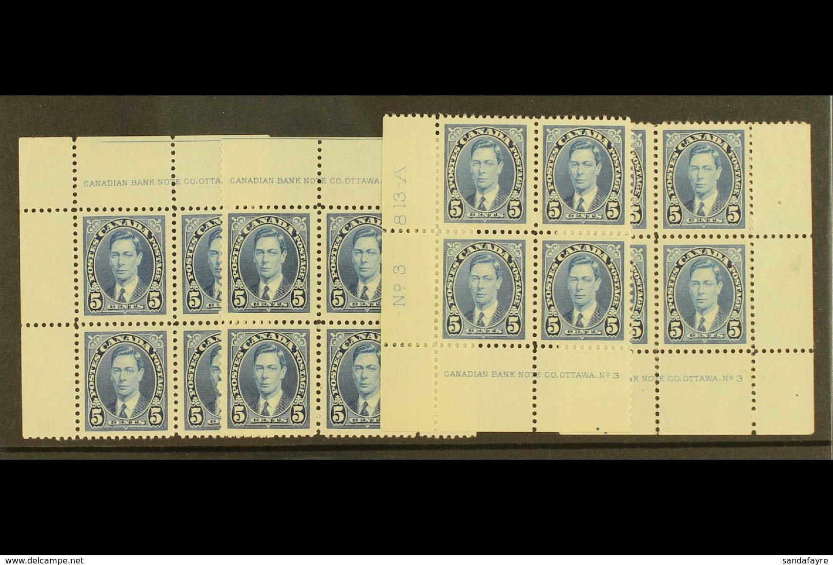 1937 5c Blue Geo VI, SG 361, Uni 235, Plate No 3, All 4 Corner Blocks Of 4, Superb Never Hinged Mint. (4 Blocks) For Mor - Autres & Non Classés