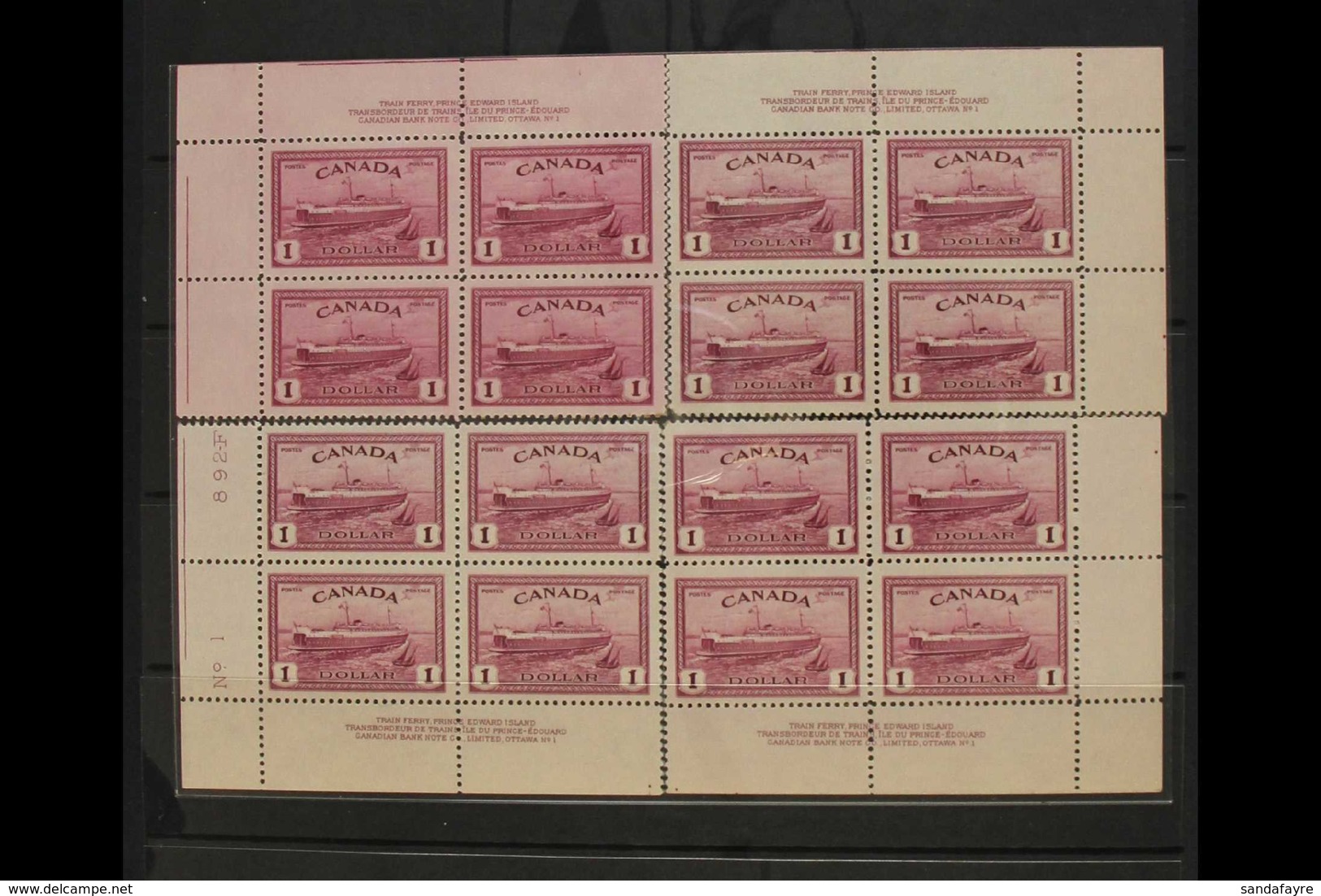 1946 $1 Purple Train Ferry, SG 406, Plate 1 Plate, Corner Inscription Blocks For All 4 Corners. Couple Stained Perf Tips - Sonstige & Ohne Zuordnung