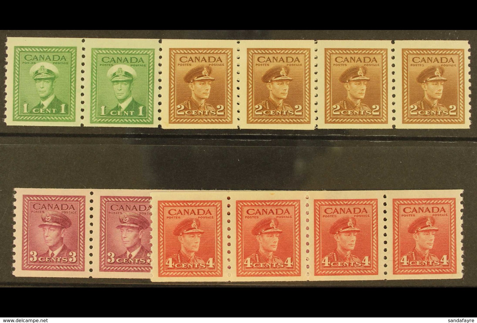 1948 1c - 4c War Effort Coil Strips Of 4, Imperf X Perf 9½, Uni 278/81 (SG 397/8a) Superb NHM. (4 Strips) For More Image - Other & Unclassified