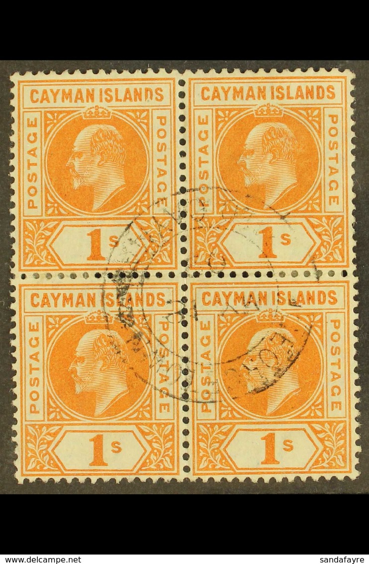 1905 1s Orange Wmk Mult Crown CA, SG 12, BLOCK OF FOUR Very Fine Cds Used. For More Images, Please Visit Http://www.sand - Kaimaninseln