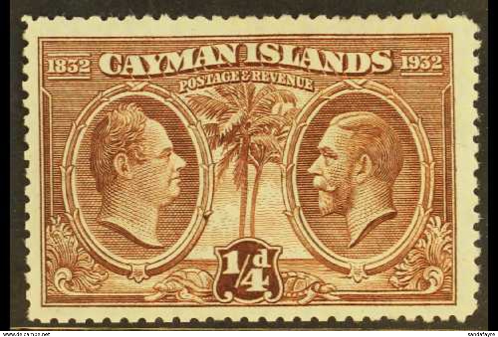 1932 CENTENARY VARIETY ¼d Brown, Centenary, Variety "A" Of "CA" Missing From Watermark",  SG 84a, Clearly Showing Toward - Iles Caïmans