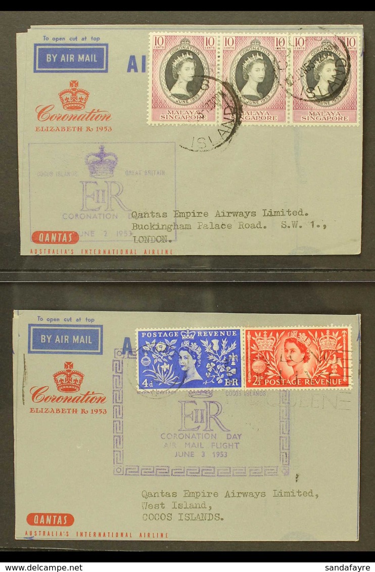 1953 QANTAS CORONATION FLIGHTS (2 & 3 June) Matching Pair Of Qantas Coronation Air Letters, One To London Bearing Singap - Islas Cocos (Keeling)