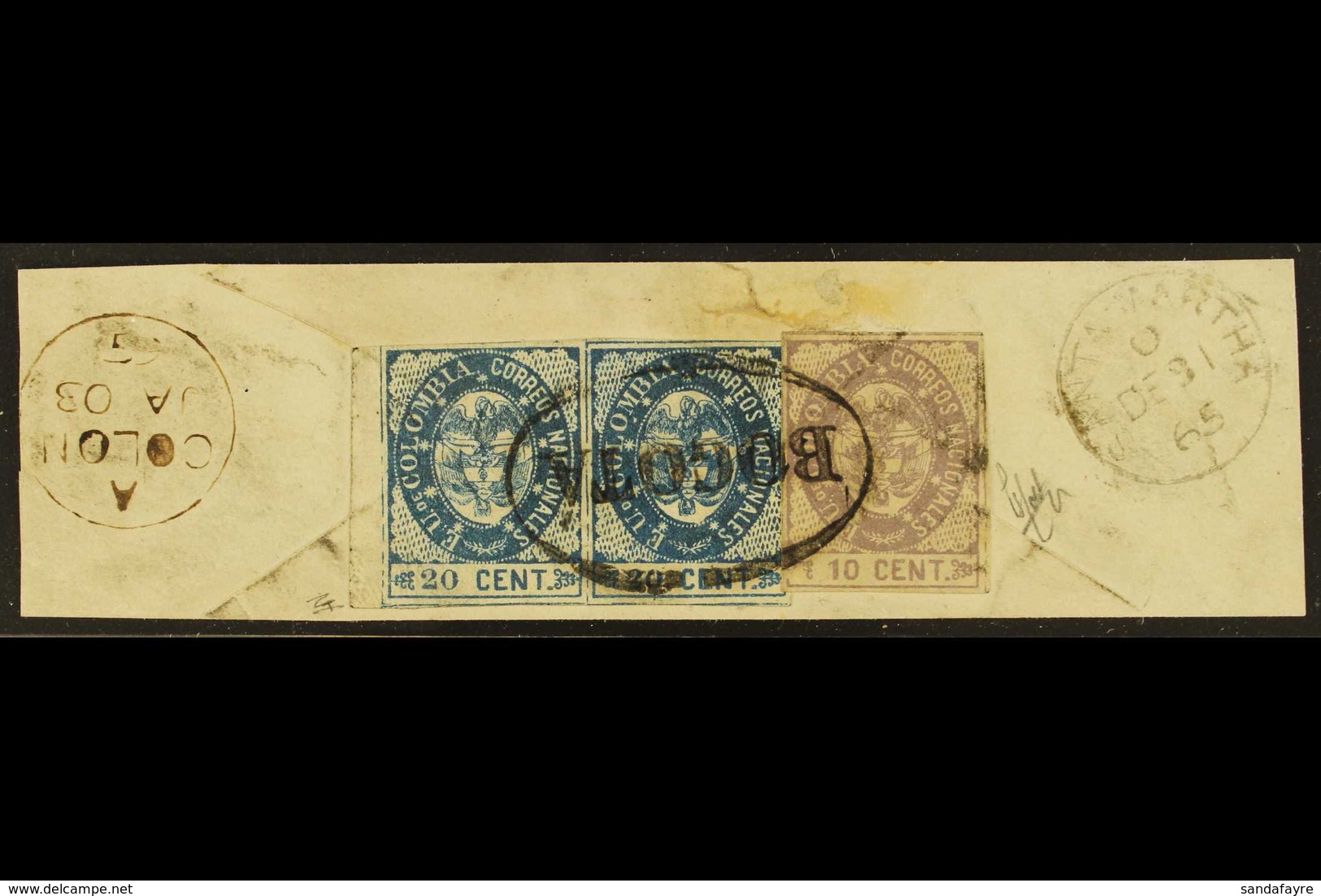 1865 10c Violet & 20c Blue Horizontal Pair (Scott 38/39) Tied Together On Large Piece / Cover Fragment By Full Oval "BOG - Colombie