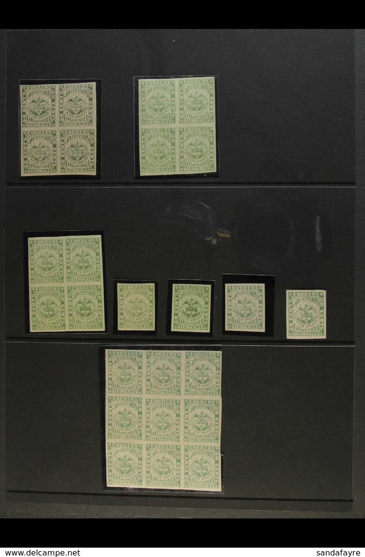 1881 50c Yellow Green, Scott 96, A Fine Mint Group With Three Blocks Of Four, A Block Of Nine, And Four Singles. (25 Sta - Kolumbien