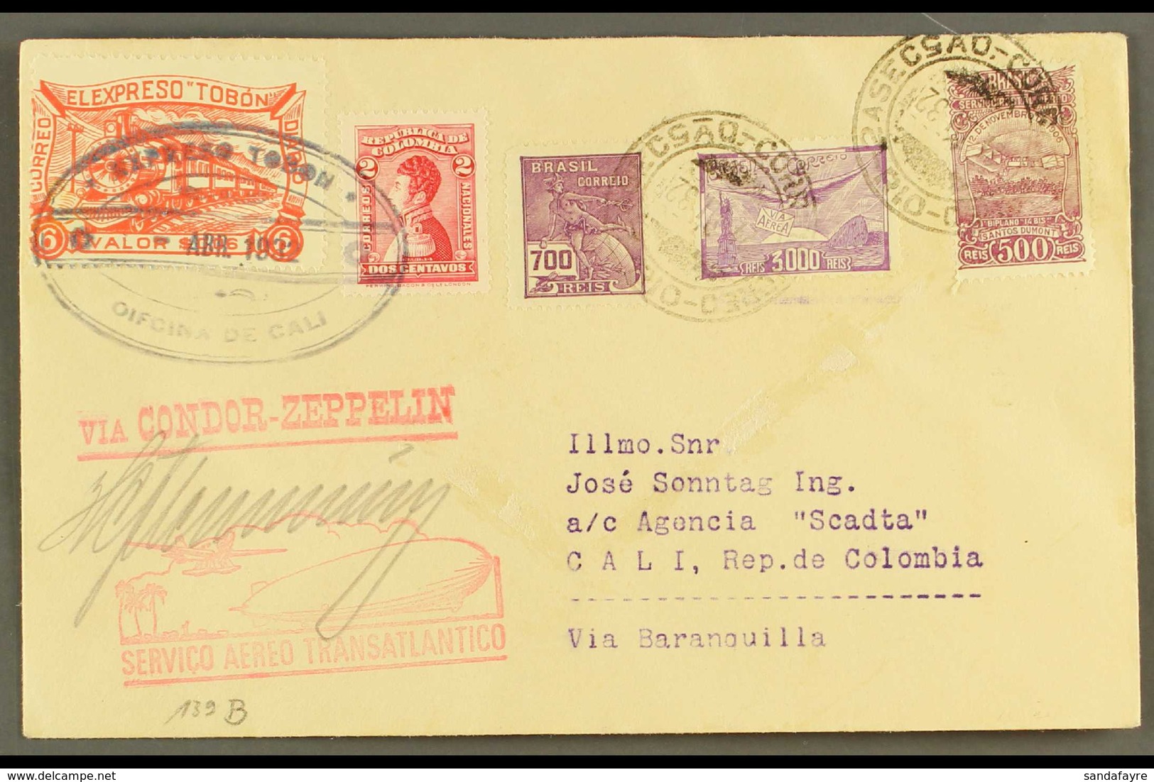 1932 ZEPPELIN FLIGHT. 1932 (24 March) Cover Bearing An Interesting Mixed Franking Of TOBON 6c (Colombian Private Company - Kolumbien