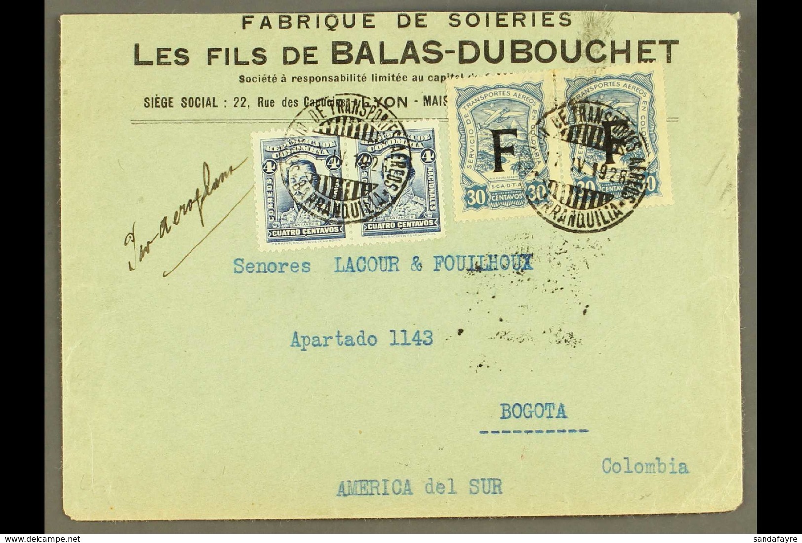 SCADTA 1923 Cover From France Addressed To Bogota, Bearing Colombia 4c (x2) And SCADTA 1923 30c Pair With "F" Consular O - Colombie