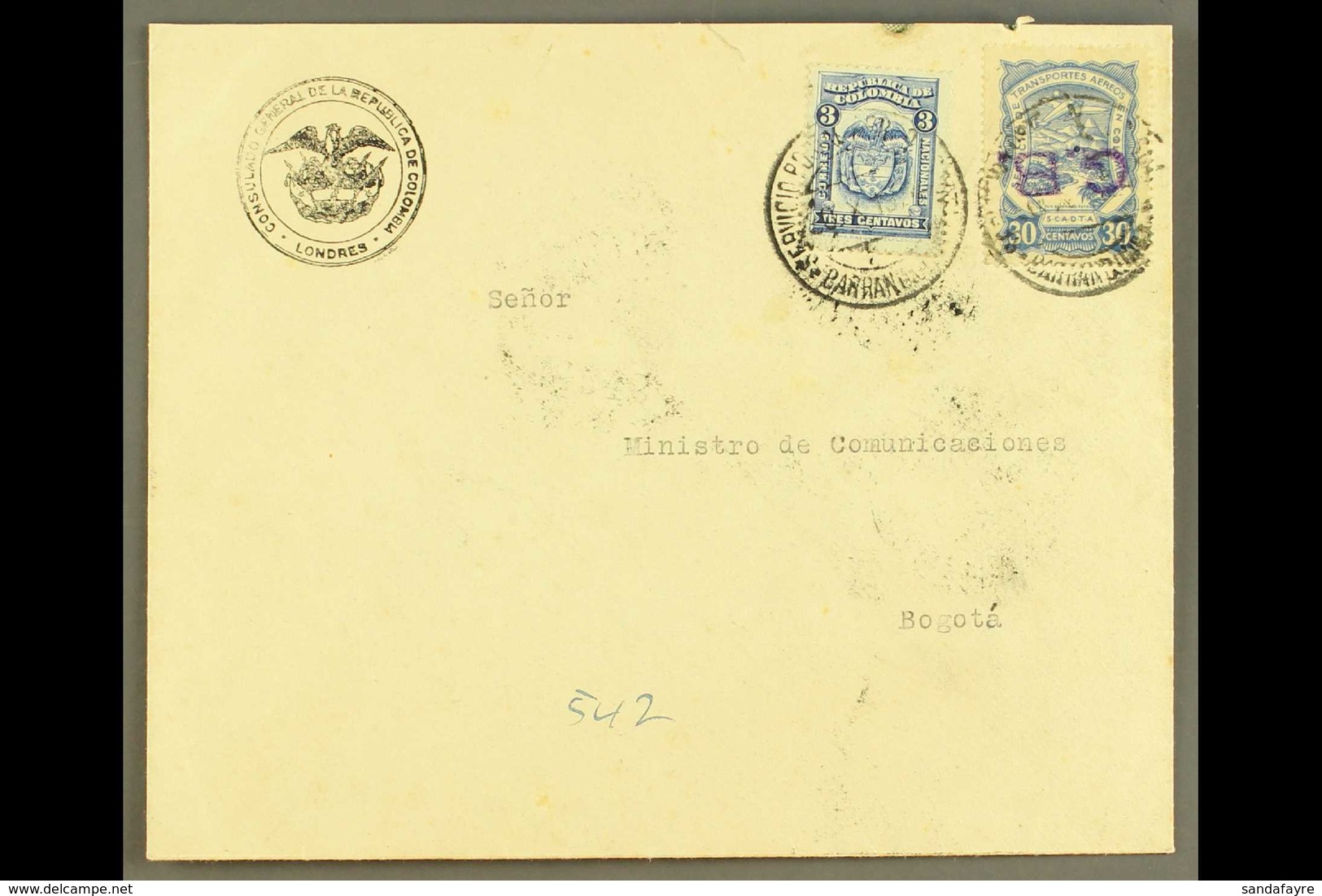 SCADTA 1924 Cover From England Addressed To Bogota, Bearing Colombia 3c And SCADTA 1923 30c With "G.B." Consular INVERTE - Colombie
