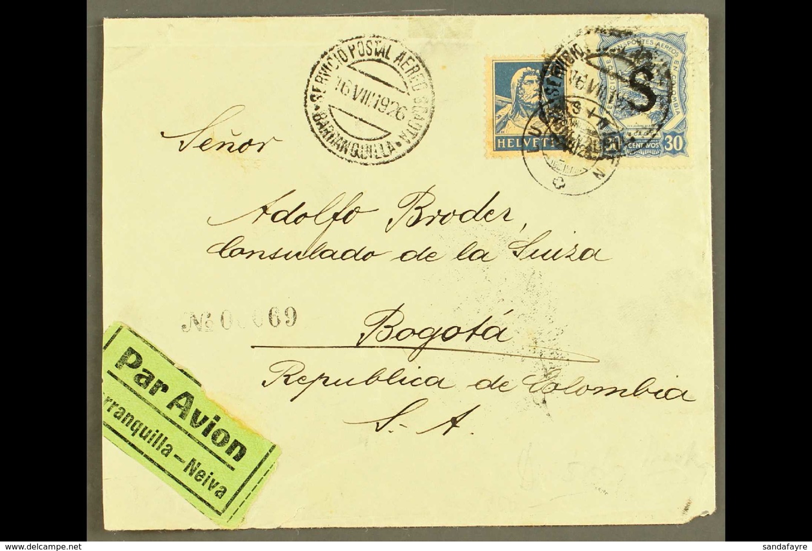 SCADTA 1926 (22 July) Cover From Switzerland Addressed To Bogota, Bearing Switzerland 30c And SCADTA 1923 30c With "S" C - Colombie