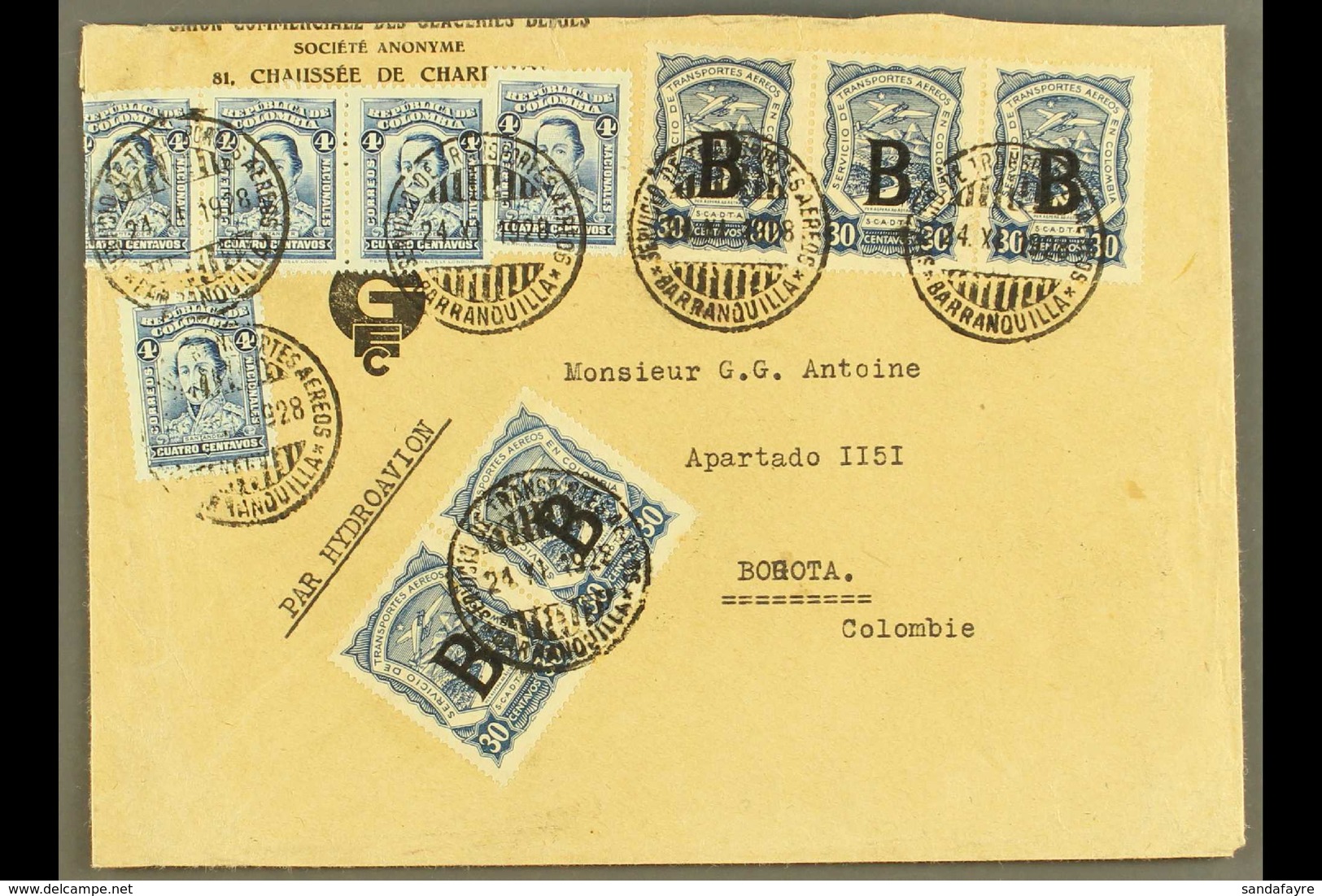 SCADTA 1928 (24 Nov) Cover From Belgium Addressed To Bogota, Bearing Colombia 4c (x5) And SCADTA 1923 30c (x5 - Pair & S - Colombie