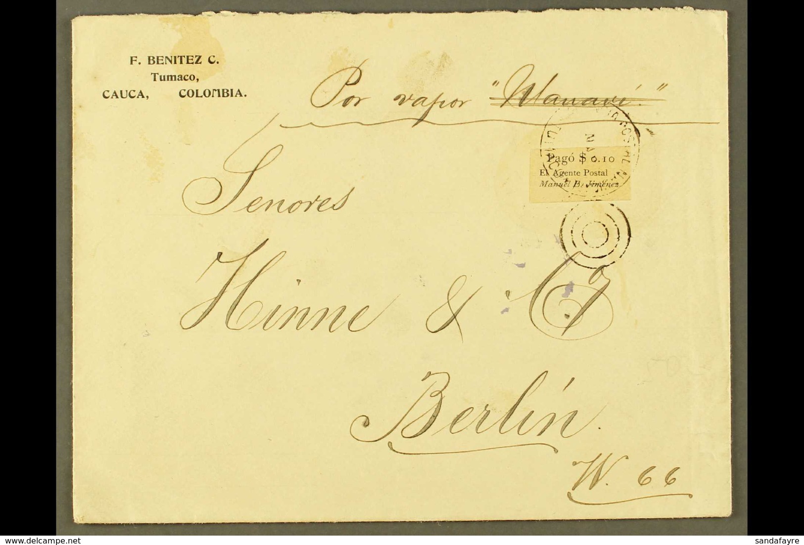 TUMACO 1901 Cover Addressed To Germany, Bearing 1901 0.10p Black Imperf 'El Agente Postal Manuel E. Jimenez' LOCAL STAMP - Colombie