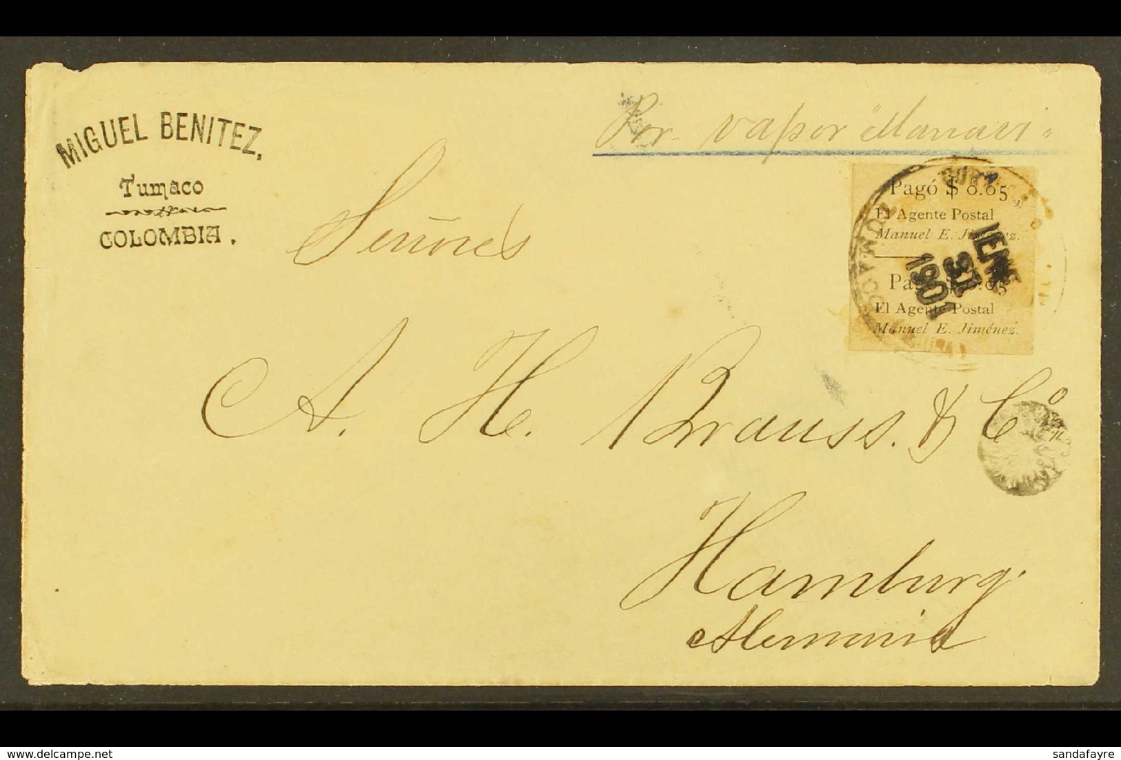 TUMACO 1901 Cover To Hamburg Franked Vertical Pair Of 5c Provisionals Issued By The Postmaster Manuel E. Jiminez.Tied By - Kolumbien