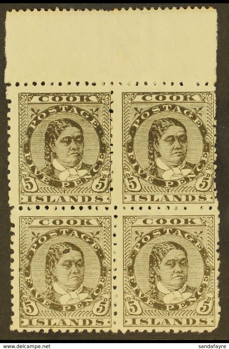 1893-1900 5d Olive-black Queen, SG 9, Upper Marginal Block Of Four, Very Fine Mint With Three Never Hinged.  For More Im - Cookinseln