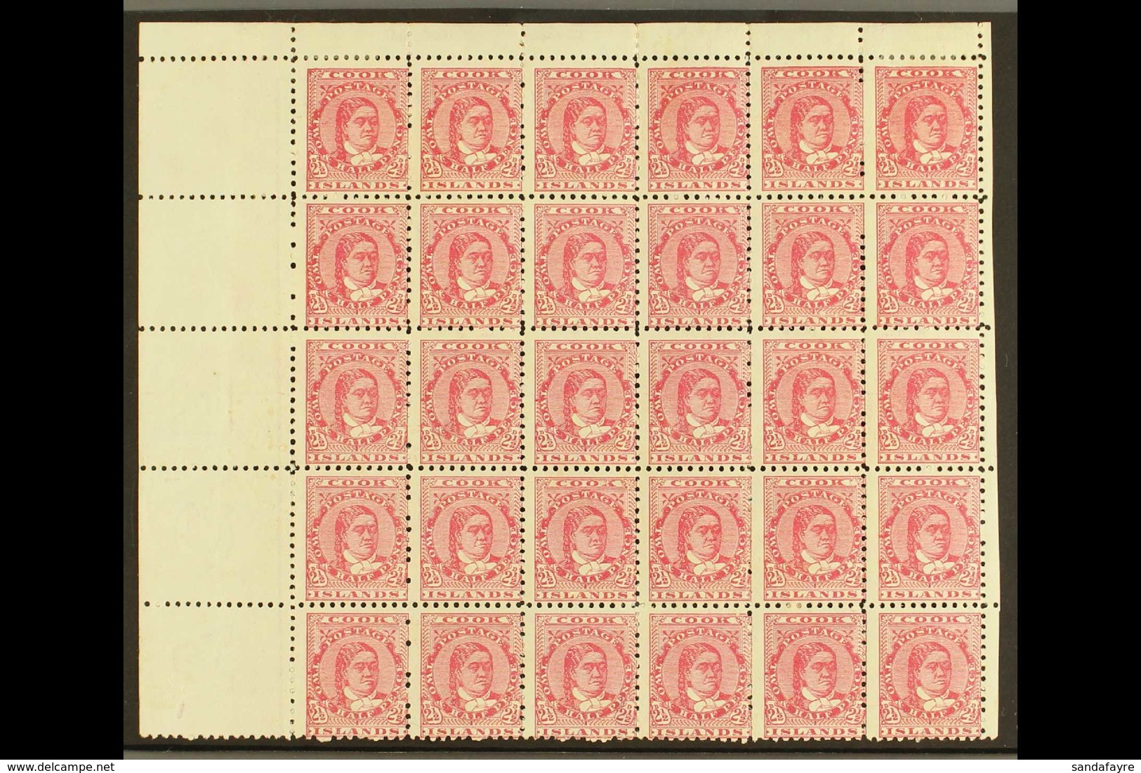 1893-1900 Queen Makea Takau 2½d Deep Rose, Perf 11 (SG 16a) - A Fresh Mint COMPLETE HALF SHEET OF THIRTY (6x5) With Marg - Cook