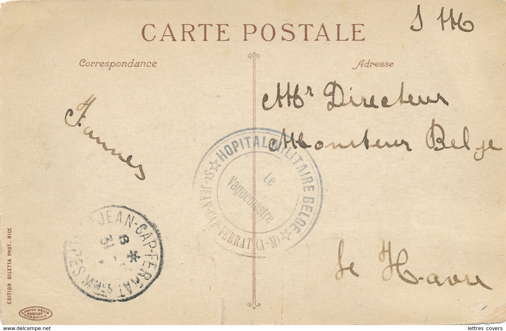 Cachet " HOPITAL MILITAIRE BELGE ST JEAN CAP FERRAT " FRANCE Sur CP FM De Monte-Carlo  > LE HAVRE - BELGIQUE WW1 - Army: Belgium