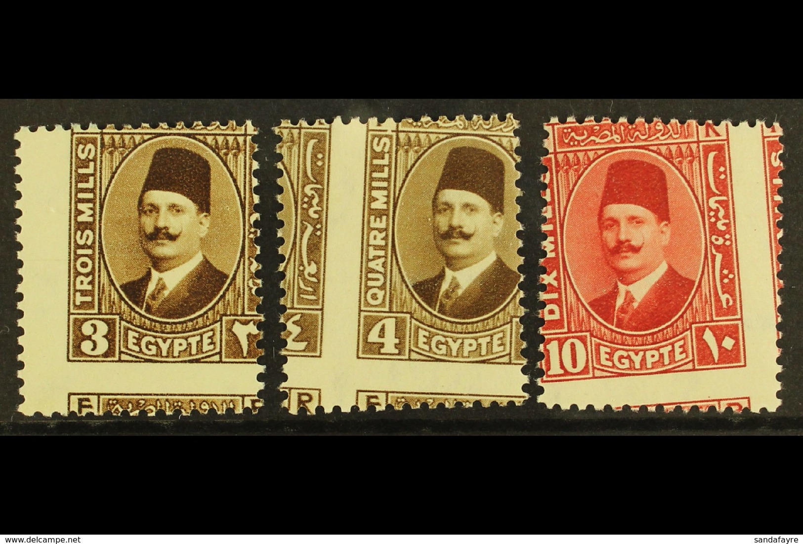 1927-37 OBLIQUE PERFORATIONS King Fouad 3m Pale Brown, 4m Pale Brown And 10m Pale Rose Red (type II), Mint Never Hinged. - Other & Unclassified