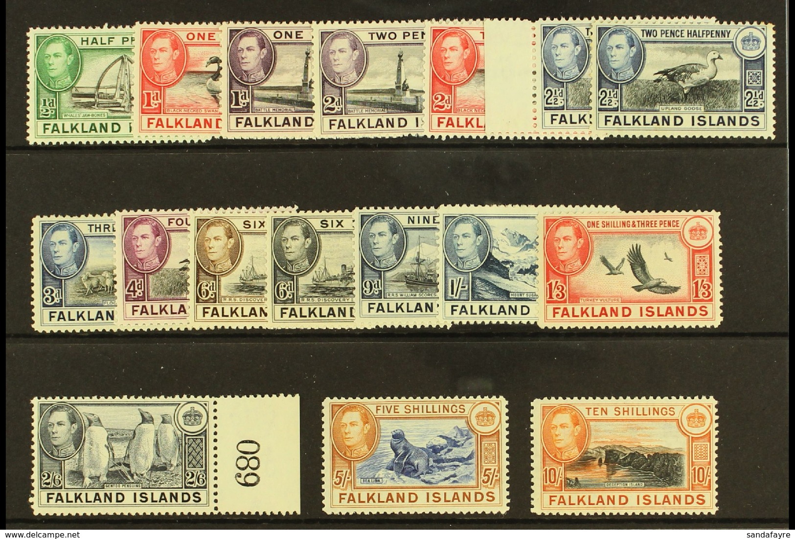 1938-50 Definitives Complete Basic Set From ½d To 10s, SG 146/162, Very Fine Mint, The 2s6d Is Never Hinged Mint Margina - Falklandinseln