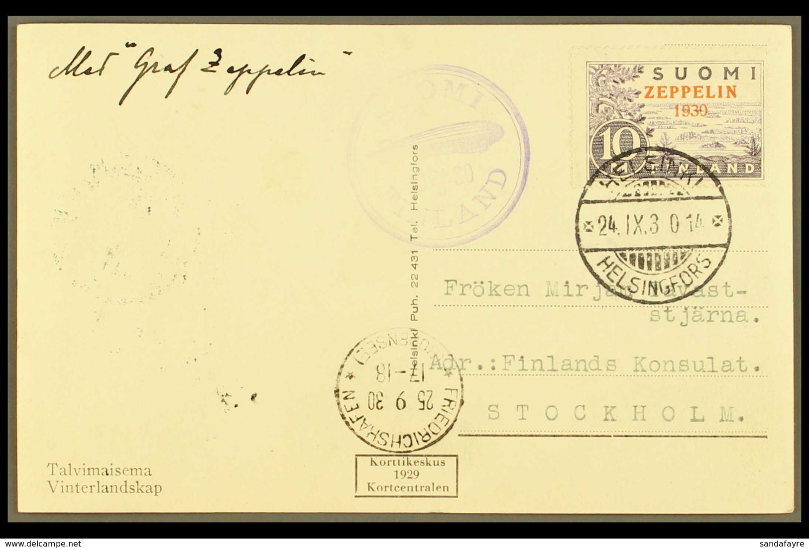 1930 10m Violet Zeppelin Air Mail On Ppc From Helsinki To Stockholm With Friedrichshafen Arrival And Violet "Finland Fli - Altri & Non Classificati