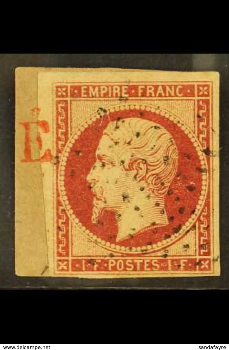 1853-61 1f Carmine Napoleon Imperf (SG 72, Yvert 18), Very Fine Used On Small Piece Cancelled With Light Dotted Cancel,  - Other & Unclassified