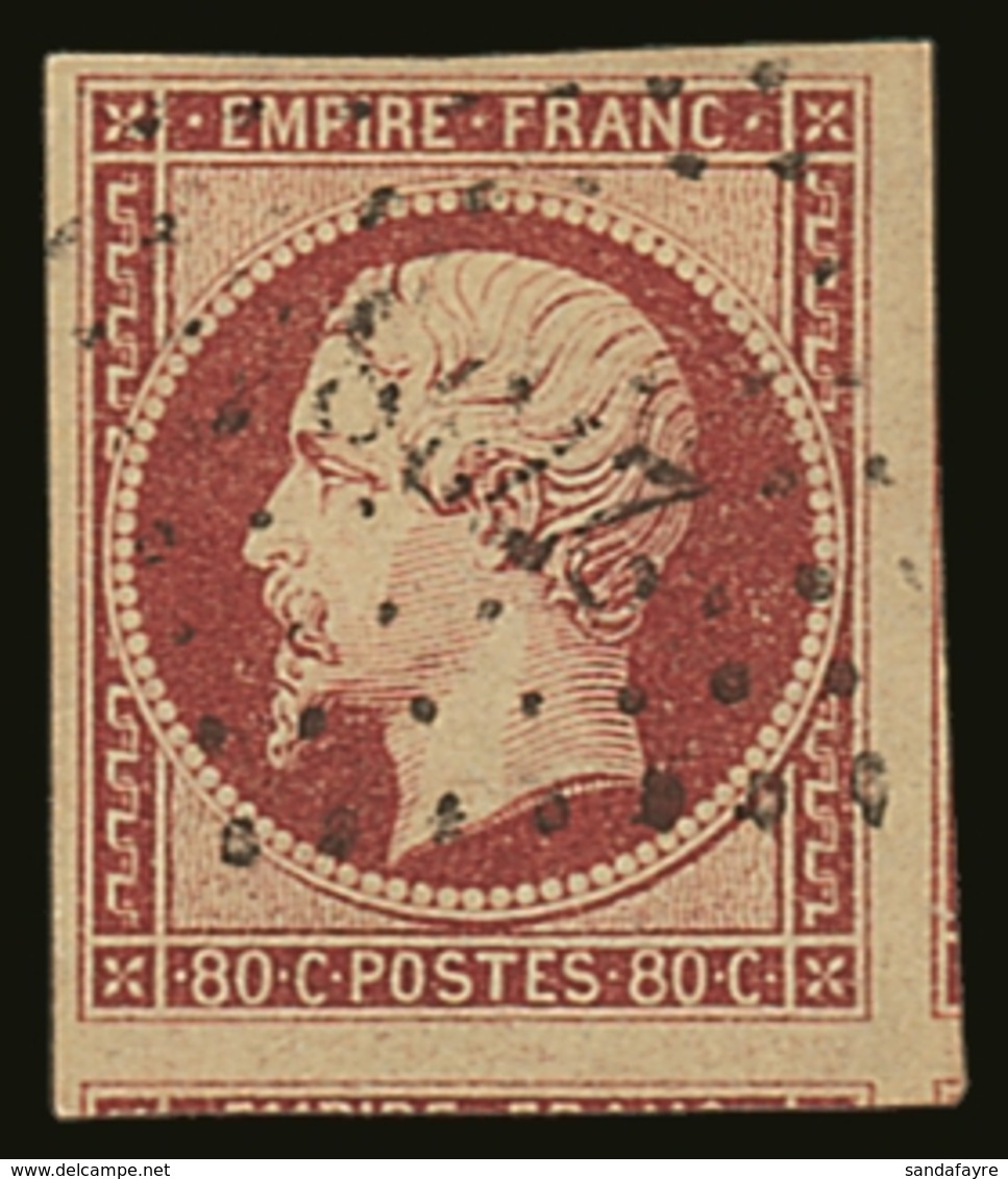 1854 80c Deep Carmine Imperf Napoleon, Type  I, Yvert 17A, Superb Used With Four Good To Huge Margins Showing Parts Of T - Autres & Non Classés