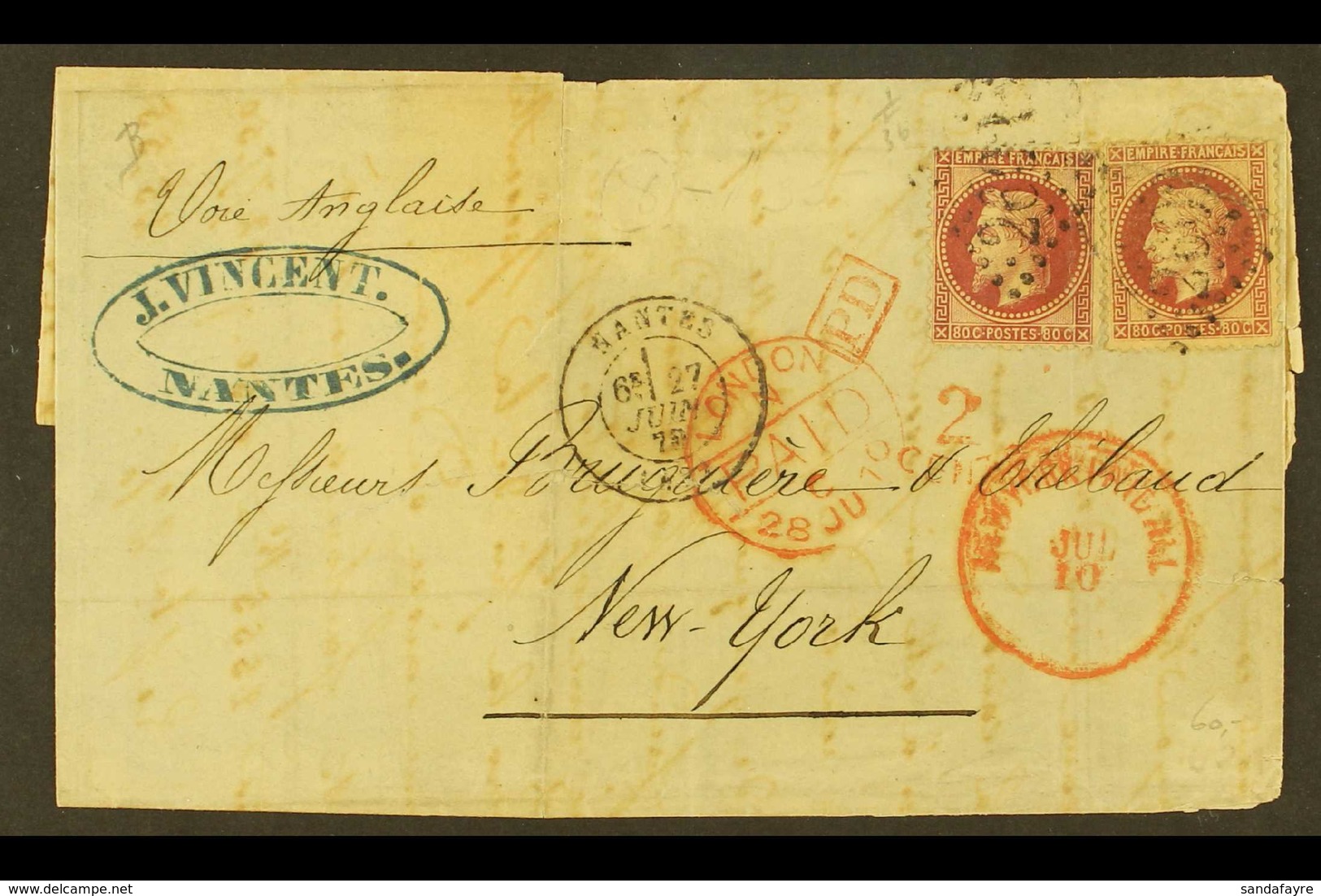 1870 (27 June) Entire Letter Addressed To USA, Bearing 1863-70 80c Rose Napoleon SG 122 (x2 Examples) Tied By "2602" Num - Sonstige & Ohne Zuordnung