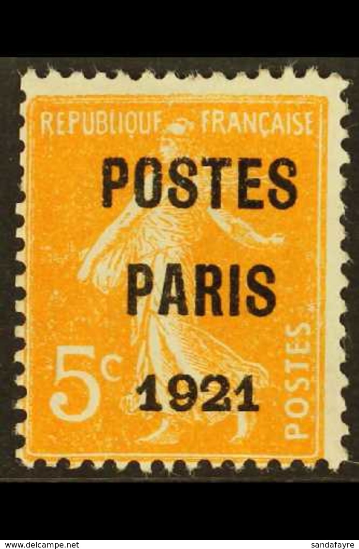 PRECANCEL 1920-22 5c Orange "POSTES PARIS 1921" Overprint, Yvert 27, Mint Regummed, A Few Shortish Perfs, Fresh & Scarce - Autres & Non Classés