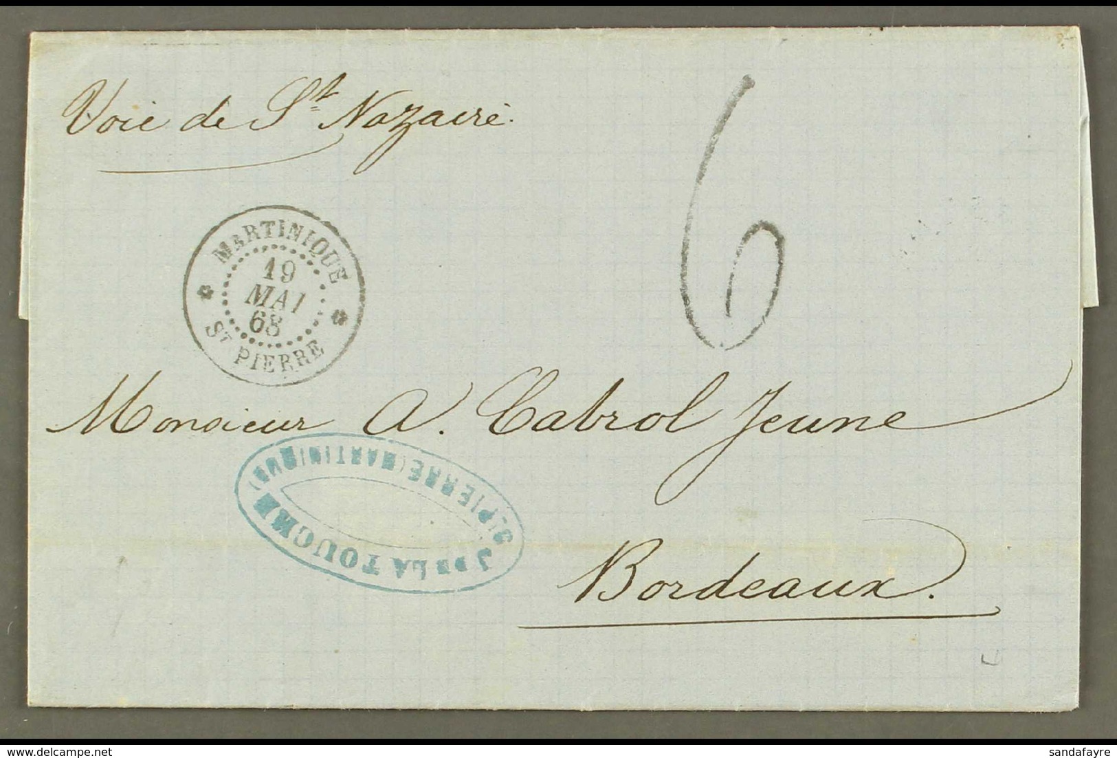 MARTINIQUE 1868 (19 May) Stampless Entire Letter To France, Endorsed 'voie St Nazaire', Bearing "At Pierre, Martinique"  - Other & Unclassified