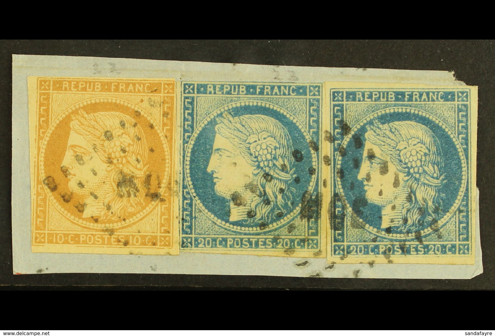 MARTINIQUE 1871 General Colonies 10c Bistre And 20c Blue (2), YV 11, 12, Tied To Small Piece By Dotted Lozenge "MQE" Can - Autres & Non Classés
