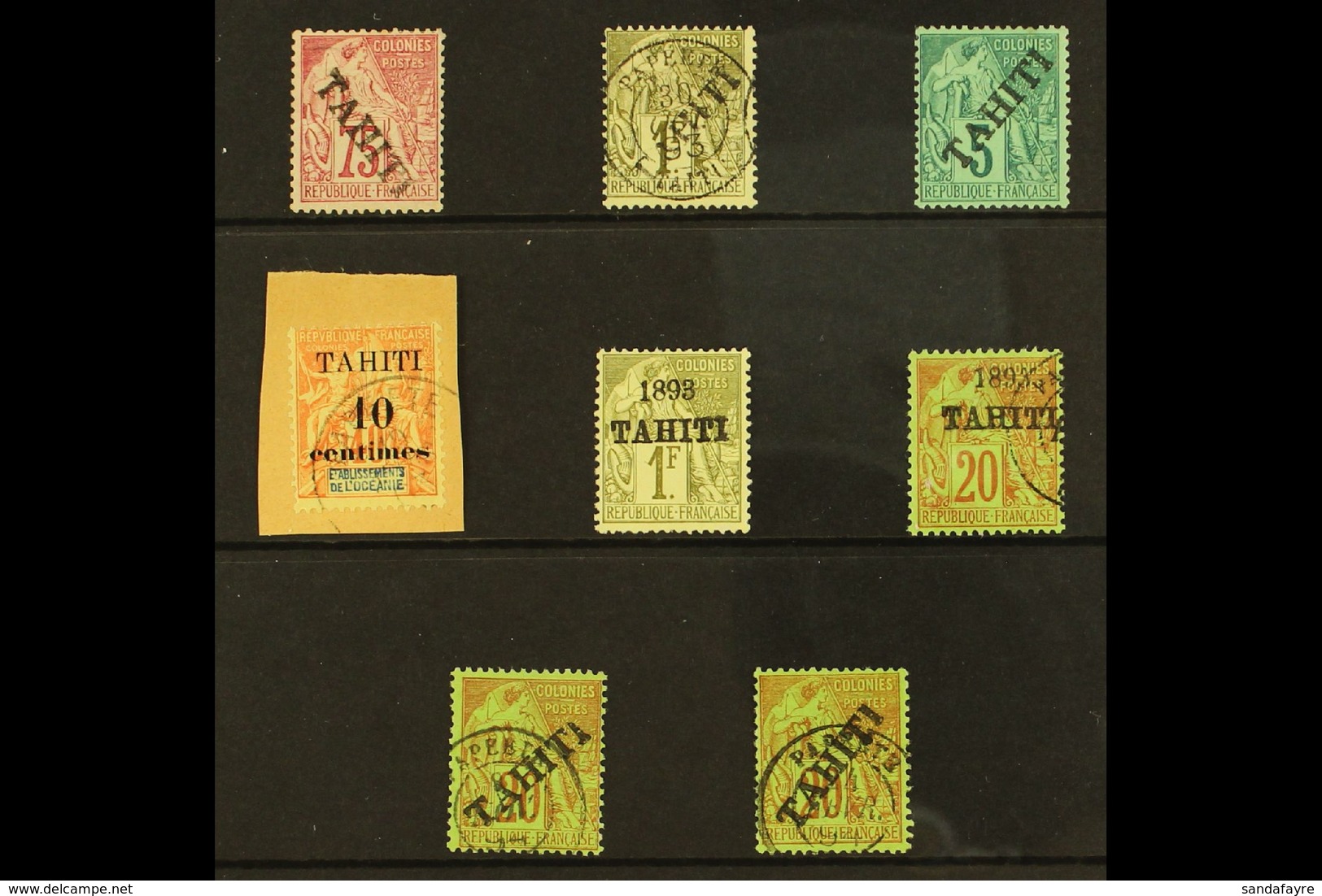 TAHITI 1893-1903 Mint Or Used Assembly With 1893 Diagonal Overprints 5c Mint, 20c X2 Used, 75c Mint, And 1fr Used, 1893  - Autres & Non Classés