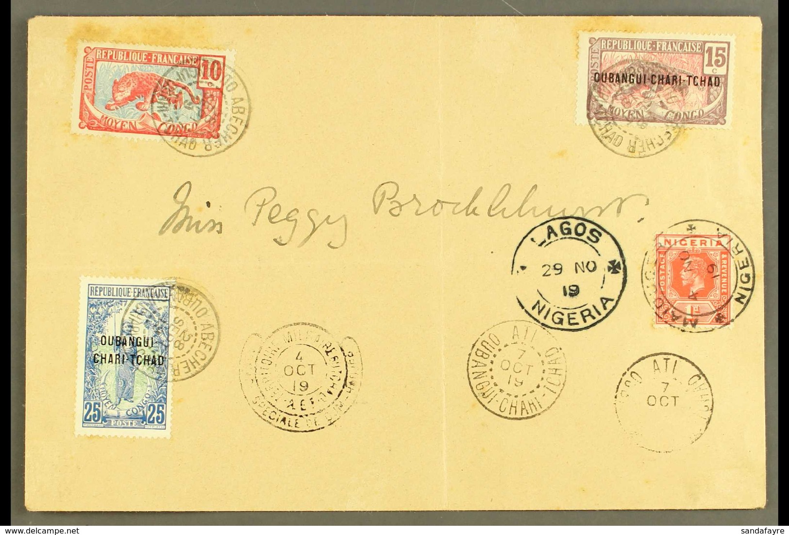 UBANGI-SHARI 1919 Cover Franked With 1915-18 10c & 25c Ovpts, Plus Middle Congo 1907-17 10c, Each Cancelled By "Abecher" - Sonstige & Ohne Zuordnung