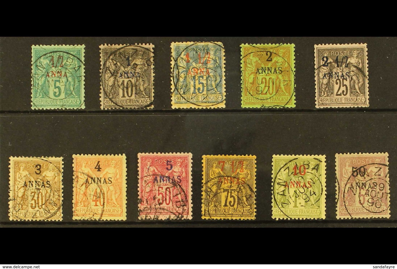ZANZIBAR 1894-96 Surcharged Set Complete, Yvert 1/11, Very Fine Used, The 1½a On 15c With Faults (11 Stamps) For More Im - Sonstige & Ohne Zuordnung