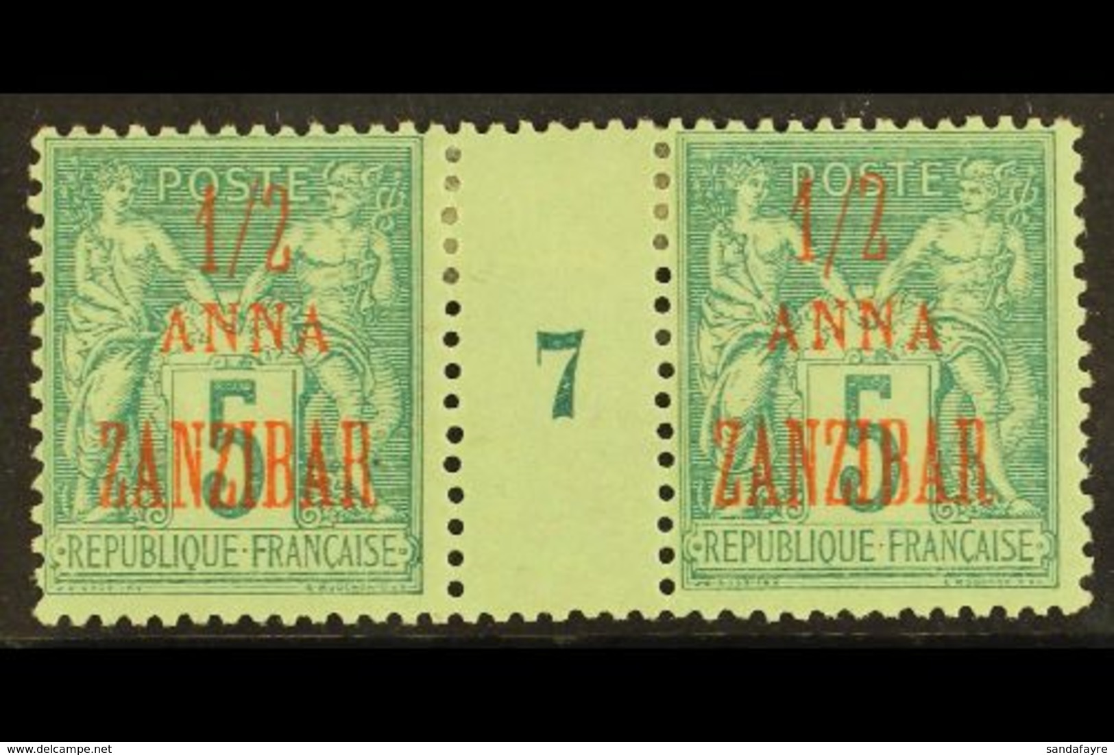 ZANZIBAR 1896-1900 ½a On 5c Green Type II (1897) MILLESIME (Number 7) PAIR, Yvert 17, Very Fine Mint For More Images, Pl - Sonstige & Ohne Zuordnung