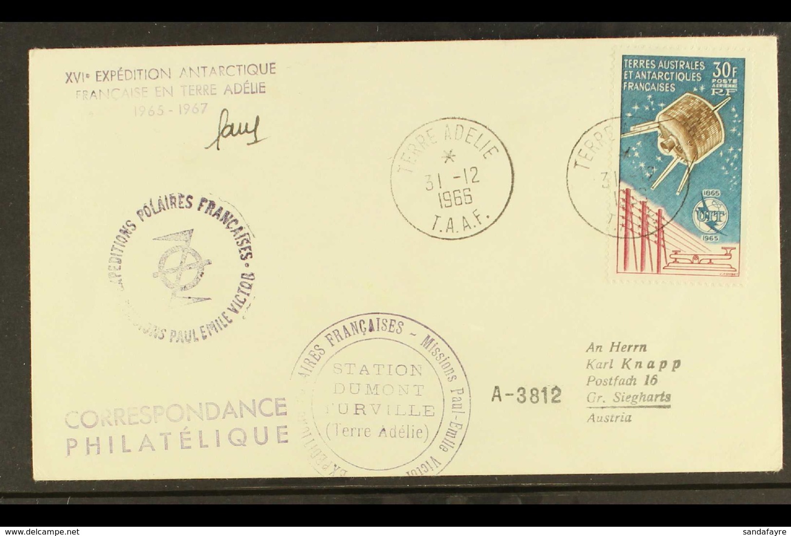 TAAF 1966 (31 Dec) Cover To Austria Bearing 1965 30f UIT Air Stamp (Maury 9), Tied Neat Terre Adelie Cds, Expedition And - Other & Unclassified