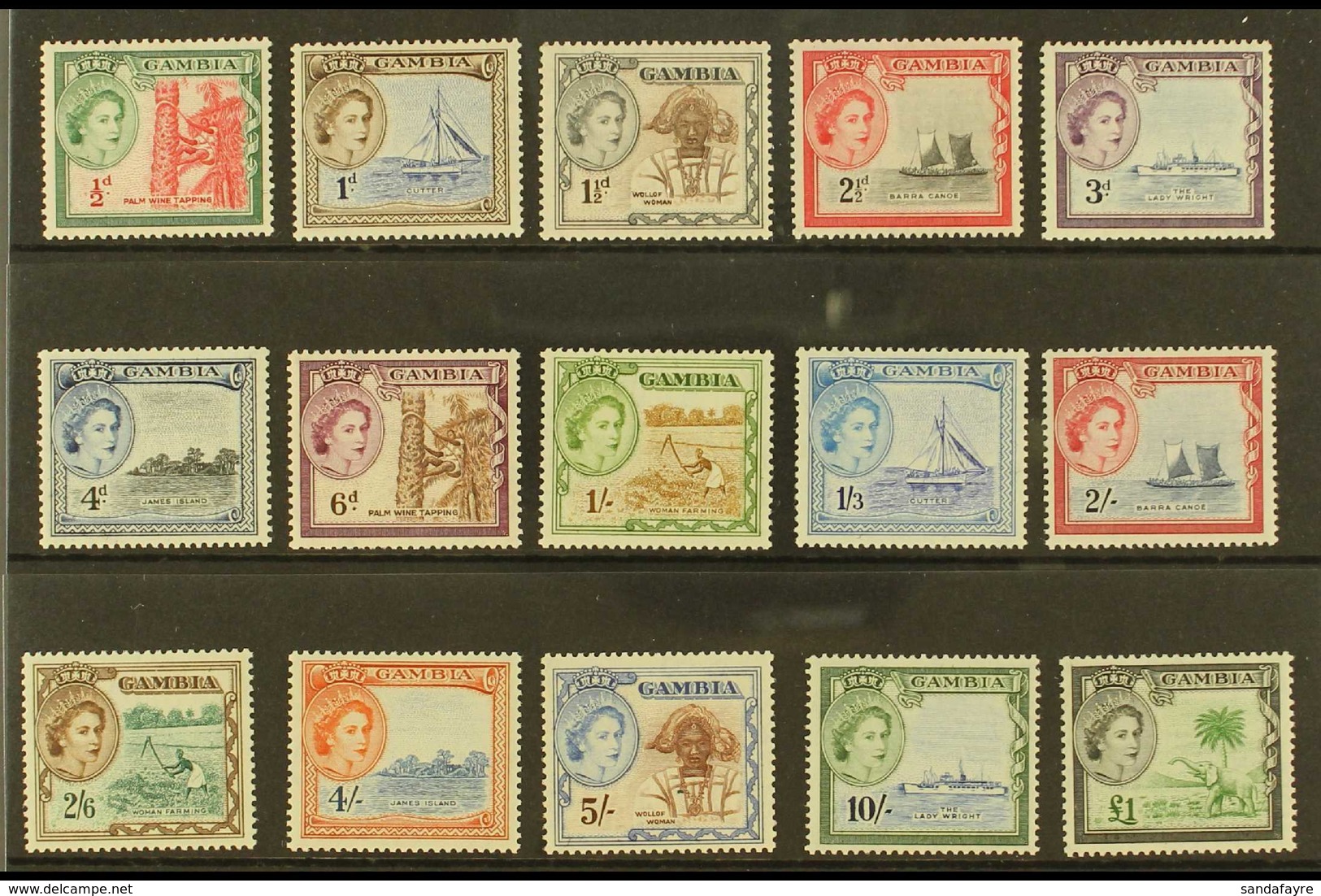 1953-59 Definitive Set, SG 171/85, Never Hinged Mint (15 Stamps) For More Images, Please Visit Http://www.sandafayre.com - Gambia (...-1964)