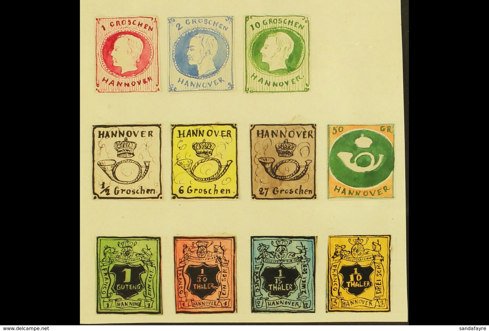 1861 HAND PAINTED STAMPS Unique Miniature Artworks Created By A French "Timbrophile" In 1861. HANOVER With Colourful Int - Autres & Non Classés