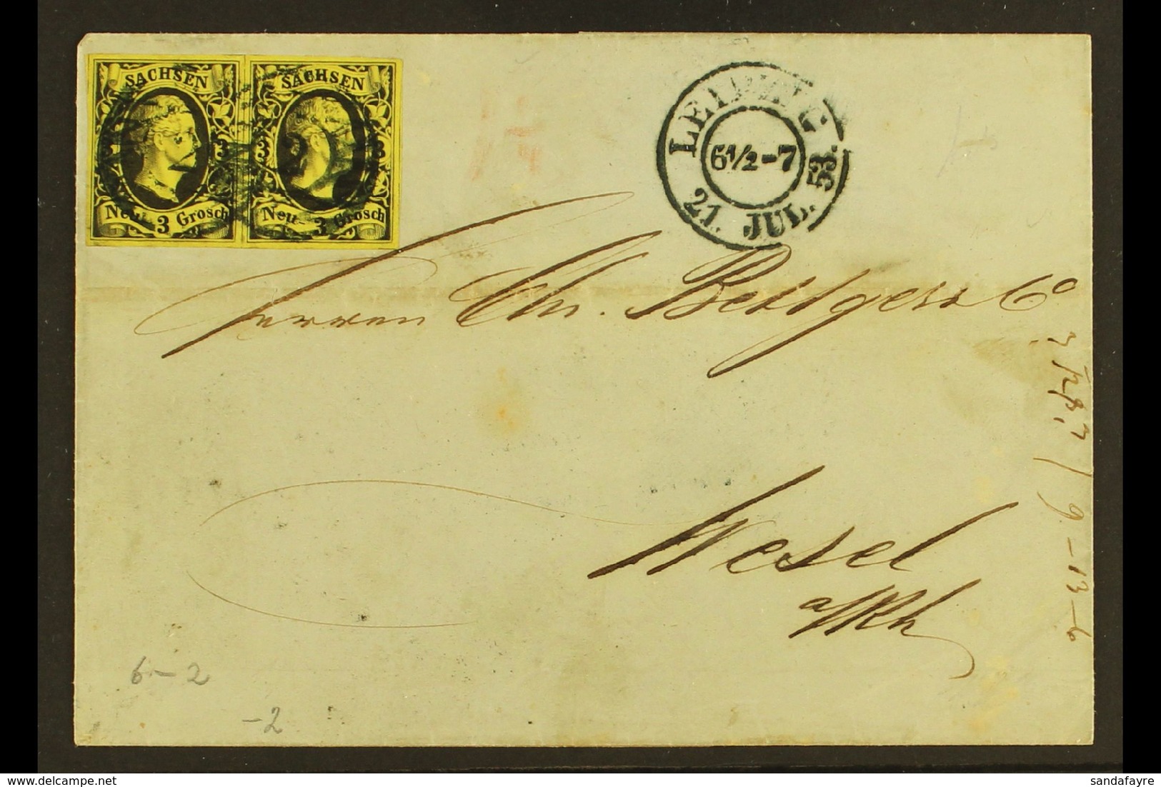 SAXONY 1853 (21st July) Folded Cover To Wesel From Leipzig Bearing Frederick 3Ng Pair (Mi 6) Bearing Berlin, Deutz & Lei - Sonstige & Ohne Zuordnung