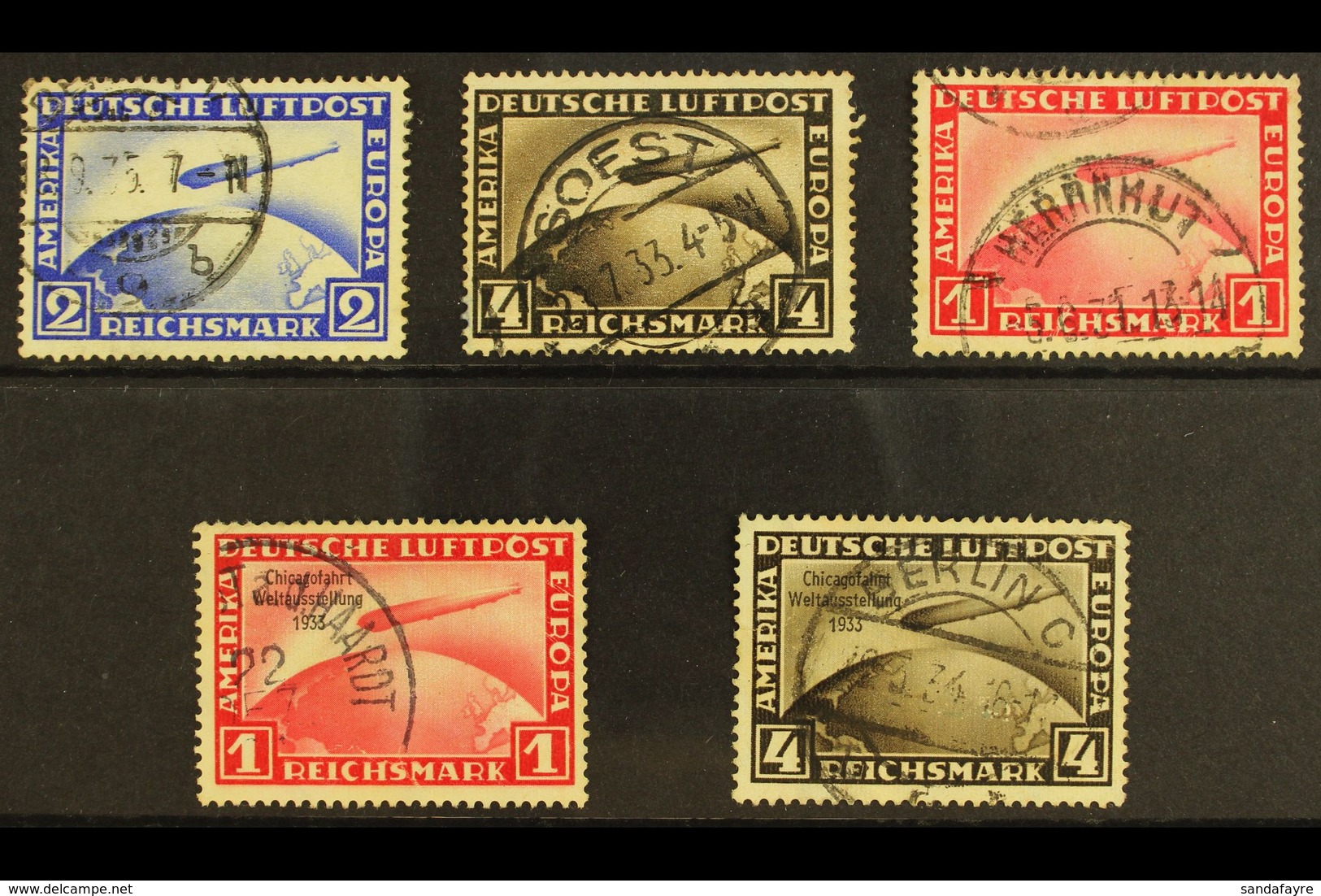 1928-33 ZEPPELIN USED GROUP On A Stock Card, Inc 1928 2m Blue & 4m Sepia, 1931 1m Carmine, 1933 Chicago Exhibition 1m Ca - Other & Unclassified